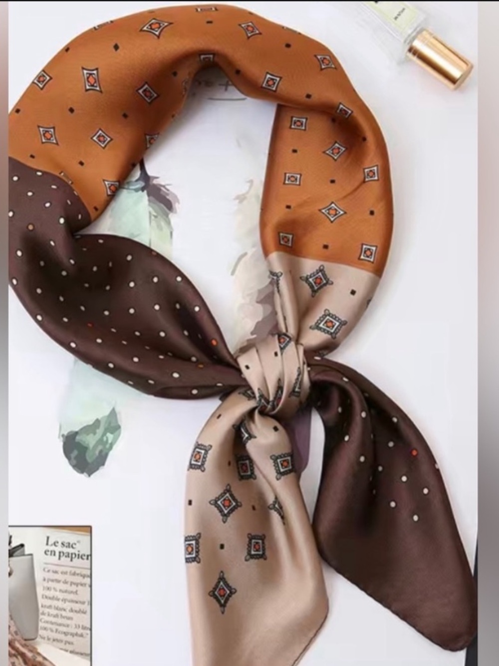Silk-Feel Brown Patterned Square Scarf